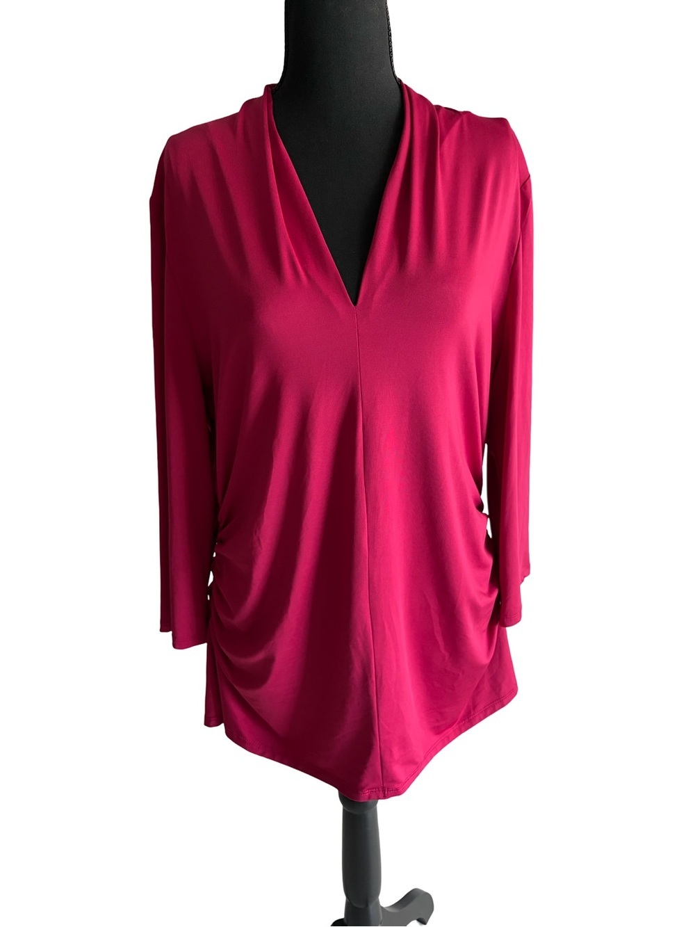 White House Black Market Fuchsia V-Neck Draped Long Sleeve Top